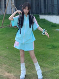Vevesc  Preppy Style Matching Sets Stand Neck Short Sleeve Zipper Tops High Waist Shorts Casual Loose Contrast Color Women Clothing