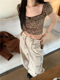 Vevesc Vintage Sexy Leopard Square Collar Tee Shirt Summer New Crop Top Slim Fit T-shirts Y2k Grunge Short Sleeve Tops Women