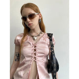 Vevesc Y2K Cropped Pink Shirts Women Sexy Hollow Out Bandage Blouses Summer Korean Aesthetic Fashion Short Sleeve Slim Tops New