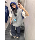 Vevesc Korean Style Vintage Sweater Vest Women Sleeveless Hooded Knitted Pullover Casual Streetwear Retro Sweaters Aesthetics