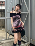 Vevesc Y2k Aesthetic Harajuku Streetwear Shirts Harajuku Off The Shoulder Spliced Striped Constrast Color Tops Suncultural Punk Clothes