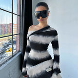 Vevesc Black And White Striped Asymmetrical Dress One Shoulder Long Sleeve Maxi Dresses Fall 2024 Fashion Women Y2K Outfits