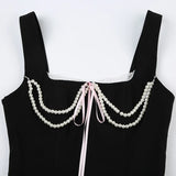 Vevesc Coquette Y2k Tops French Retro Style Pearl Chain Bow Square Neck Tank Top Black Summer Clothes Women 2024 Crop Top