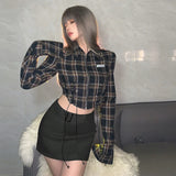 Vevesc Women Patchwork Plaid Shirts and Blouses Y2k Vintage Korean Harajuku Fashion 90s Elegant Long Sleeve Polo-Neck Shirt Top Clothes