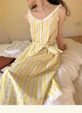 Vevesc  French Floral Print Sleeveless Dress Women Spliced Lace Bandage Waist A-line Long Dresses Summer Fairy Sweet Beach Robe