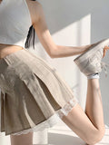 Vevesc Korean Fashion Khaki Pleated Skirt Lace Trim Women Preppy Style Button Up High Waist Cute Sexy Summer Kawaii Mini Skirt