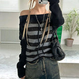 Vevesc Harajuku Punk Japan Sexy Slash Neck Long Sleeve Pullovers Fashion Y2k Aesthetic Constrast Color Striped Shirts Vintage Loose Top