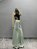 Vevesc Women's A-line Denim Skirt Vintage 90s Aesthetic Y2k Long Cowboy Skirt Harajuku Korean Emo Jean Skirt 2000s Clothes