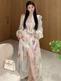 Vevesc  Elegant Floral Printed Long Dresses for Women Lantern Sleeve V-neck High Split Y2K Fairy Party Dress Korean Fashion Vestidos New