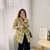 Vevesc Women Vintage Plaid Blazer Coats Fashion Loose Streetwear Double Breasted Lapel Outerwear Korean Long Sleeve Casual Jacket