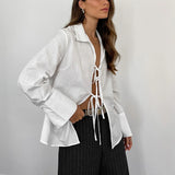 Vevesc Hollow Out Lace Up White Cotton Linen Shirt Women's Long Sleeve Loose Casual Sexy Lapel Cardigan Top Female Summer new