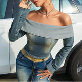 Vevesc  Denim Vintage T-shirts Women 2024 Spring Slash Neck Long Sleeve Gradient Backless Zipper Off-waist Sexy Street Cropped Tops