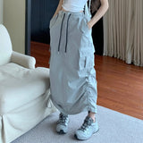 Vevesc Y2K Drawstring Parachute Skirts Women High Street Side Split Cargo Long  Female Casual Multiple Pockets Maxi