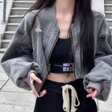 Vevesc Y2k Grunge Cross Crop Grey Denim Jackets Women Hippie Streetwear 90s Oversize Zip Jackets Harajuku Kpop Coat Female