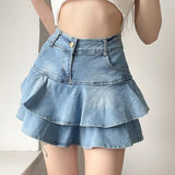 Vevesc Vintage Denim Skirt Shorts Women Summer Korean Fashion High Waist A-line Slim Cute Sexy Mini Jean Ruffle Skirt Female