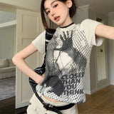 Vevesc American Personality Vintage O Neck Short Sleeve T Shirt Harajuku Japanese Summer All Match Popular Crop Top Print Clothing