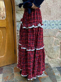 Vevesc Vintage Y2k Long Skirt Women Red Harajuku Streetwear Plaid Skirt Korean Style Retro Patchwork Ruffle Skirts Aesthetics