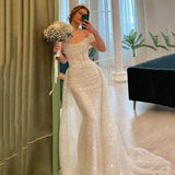 Vevesc Princess Glitter Sequins Wedding Dresses With Detachable Train Shiny Mermaid Bridal Dress For Women Party Gonws