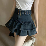 Vevesc Hotsweet Pleated Skirts Chic Summer With Belt Vintage High Waist Fashion Denim Women Vintage Ruffles A-Line Y2k Mini Skirt