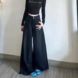 Vevesc Black Gray Full Length Wide Leg American Vintage Trousers Y2k Straight Chic Jeans Women High Waist Denim Flare Pants