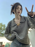 Vevesc Women Black Striped Pullover Knitted Sweater 90s Aesthetic Harajuku Long Sleeve Mohair Sweater Y2k 2000s Vintage Fashion Clothes