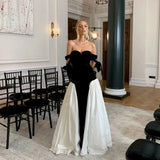 Vevesc New Couture Black&White Velvet Long Evening Dresses Sweetheart Bow Straps Modest Formal Party Dress Evening Gowns