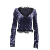 Vevesc Vintage Palace Style Velvet Dress Women Aesthetic Fairycore Grunge Mall Gothic Lace Patchwork Long Sleeve Crop Tee Tops