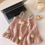 Vevesc Cute Tops Women Summer Hook Flowers Decorated Retro Loose Knitted Crop Top for Sweet Girl Beige Camis Kawaii Clothes