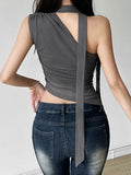 Vevesc Sexy Streetwear Gauze Vintage Skew Collar Tank Women Y2k Aesthetic Irregular Tops Summer Grunge Bandage Fairy Crop Camisoles
