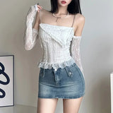 Vevesc Fashion Sexy Off Shoulder Long Sleeve T-shirts 2024 Summer New Camisole Tops Women Y2k Slim Fit Lace Patchwork Blusas Mujer