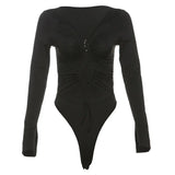 Vevesc E-girl Techwear Solid Hollow Out Long Sleeve Skinny Bodysuits Cyber Y2K V-neck Tops Women Gothic Bodysuit Streetwear