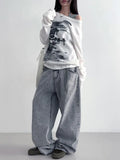 Vevesc Autumn Harajuku Women Printing Tees Vintage Streetwear Grunge Skew Collar Tops Y2k Aesthetic Loose Casual Hiphop Vintage Tops