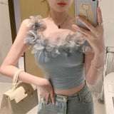 Vevesc Summer Fashion All Macth Tank Tops Fairy Flower Appliques Sexy Slim Fit Girl Camis Y2k Aesthetic Punk Streetwear Clothing