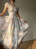 Vevesc  French Vintage Court Style Midi Dress Elegant V Neck Slim Wasit Party Prom Vestidos Summer One Piece Robe Female Clothes