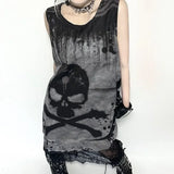 Vevesc Subcultural American High Street O Neck Sleeveless Dresses Gothic Skull Print Vintage Harajuku Women Dress Y2k Aesthetic Clothes