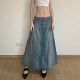 Vevesc  Lady Vintage Blue A-line Jeans Skirt Y2K Streetwear Casual Women Harajuku Denim Long Skirts Korean Fashion Outfits
