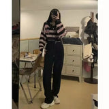 Vevesc Short Length Striped Black Pink Sweaters Women V-Neck Y2k Knitted Loose Crop Tops Pullovers Long Sleeve High Waist Sueter Mujer