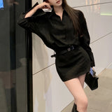 Vevesc Polo Collar Sexy Slim Black Long-sleeved Dress Women 2024 Spring New High Street Fashion All Match Mini Dress with Belt