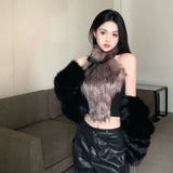 Vevesc 2024 Spring New Bow Halter Camisole Mujer Sexy Slim Fit Fluffy Vest for Women Y2k E-Girl Sleeveless Bottoming Tank Top