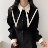 Vevesc Elegant Vintage Edge Piping Peaked Collar Shirts Women Spring Loose Puff Sleeve Blouses Simple Single Breasted Tops