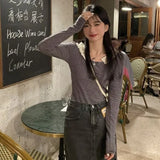 Vevesc Elegant Chic Women Short Tees Slim Fit Striped Long Sleeve Tops Tshirts Y2k Korean Sweet O Neck Edible Tree Fungus