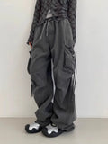 Vevesc American Vintage Pocket Casual Cargo Pants Y2k E-Girl High Waist Lace Up Straight Trousers Spring New Loose Wide Leg