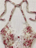 Vevesc  French Elegant Tanks Bow Halter V Neck Sleeveless Lace Flower Print Crop Top Summer New Sexy Y2k Female Slim Women Clothing 2025