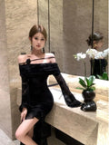Vevesc  Sexy Slash Neck Long Sleeve Party Dress Women Temperament Waist Slim Split Irregular Evening Long Dresses Elegant Robe