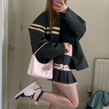 Vevesc American Sweet Constrast Color Pleated Skirts Y2k Aesthetic Harajuku Punk Side Buttons Short Skirt Vintage Striped Girl Bottom