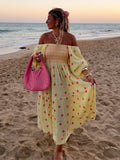 Vevesc  Elegant Flower Print Pleated Long Dress Women Chic Off Shoulder Backless Puff Half Sleeve Vestido Lady Casual Beach Holiday Robe