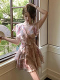 Vevesc  Cocktail Mini Dresses Women Floral Printed Chiffon Sexy Elegant Slim Bandage Evening Dress Birthday Party Sweet Banquet