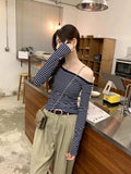 Vevesc Grey Striped Skew Collar Long Sleeved T-shirt for Women Autumn New Bottoming Tops Mujer Y2k Slim Fit Off Shoulder Tee Shirt