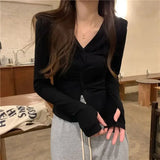 Vevesc Long Sleeve Gray Camisetas Slim Waist Women Bottoming V Neck Irregular Cross Tees Y2k Korean Casual Streetwear Tshirts