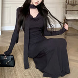 Vevesc Korean V-neck Pleated Sexy Elegant Long-sleeved Dress Women 2024 Spring New High Street Solid Color Mid-length Dress with Scarf